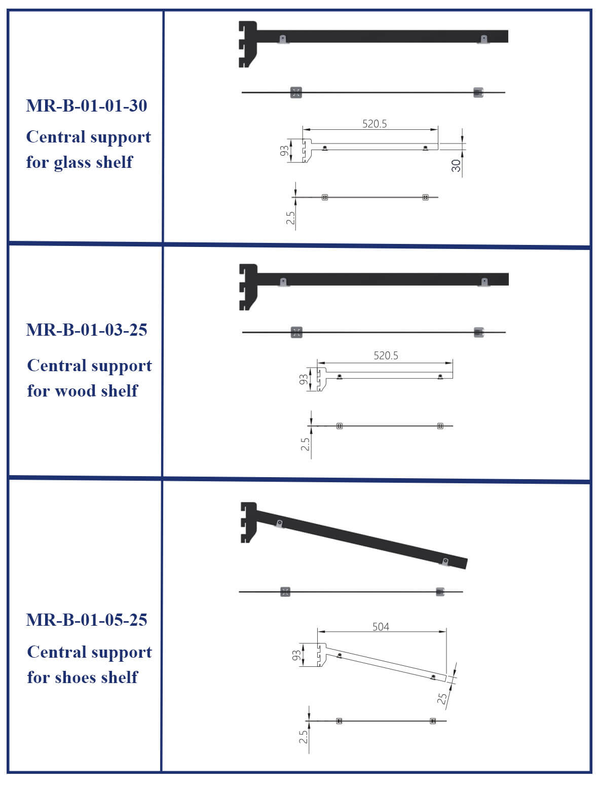 Wall mounted wardrobe central support table